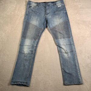 Rocawear Jeans Mens 38x30 Blue Light Wash Moto Biker‎ Skinny Distressed Stretch